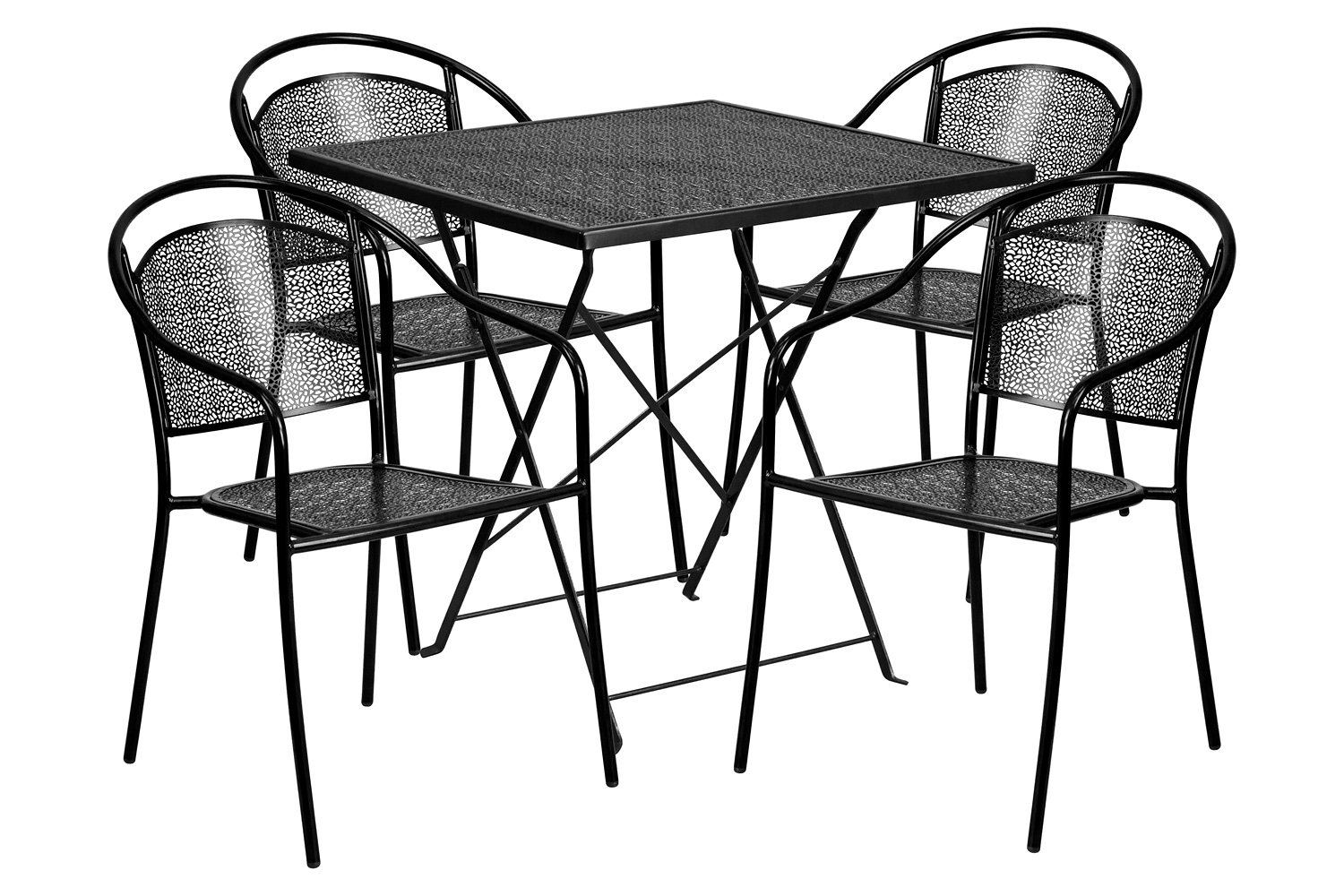 BLNK Oia Commercial Square Steel Indoor-Outdoor Folding Patio Table Set with 4 Round Back Chairs - Black, 28"W