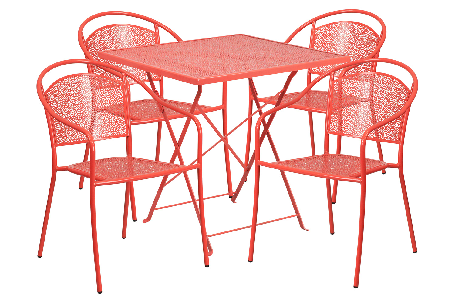 BLNK Oia Commercial Square Steel Indoor-Outdoor Folding Patio Table Set with 4 Round Back Chairs - Coral, 28"W