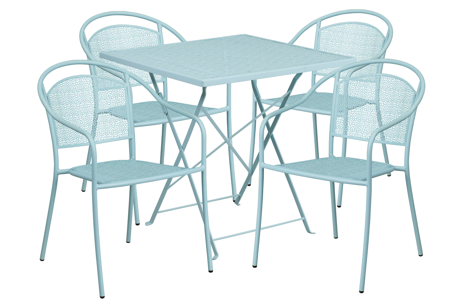 BLNK Oia Commercial Square Steel Indoor-Outdoor Folding Patio Table Set with 4 Round Back Chairs - Sky Blue, 28"W