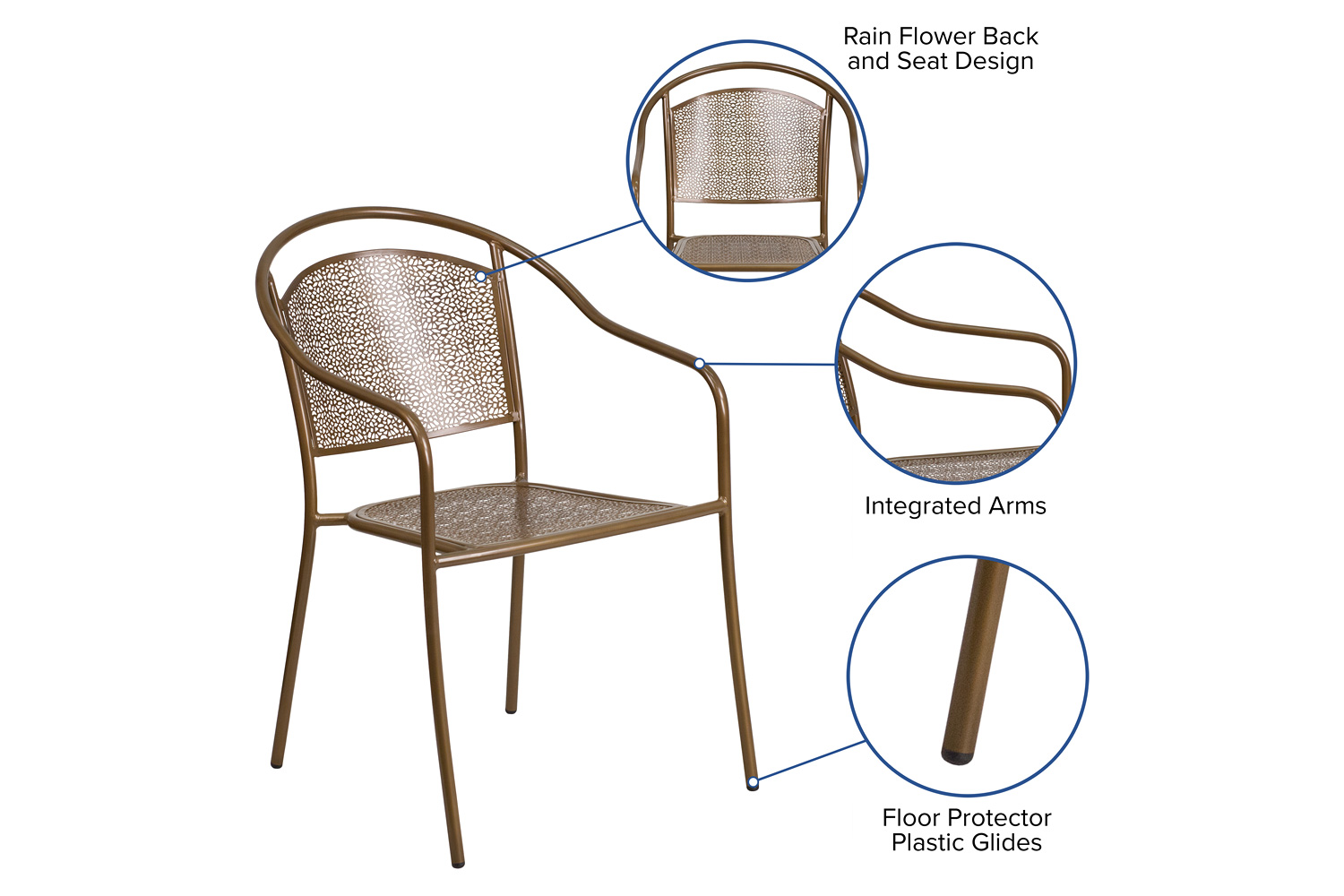 BLNK Oia Commercial Steel Indoor-Outdoor Patio Arm Chair with Round Back - Gold