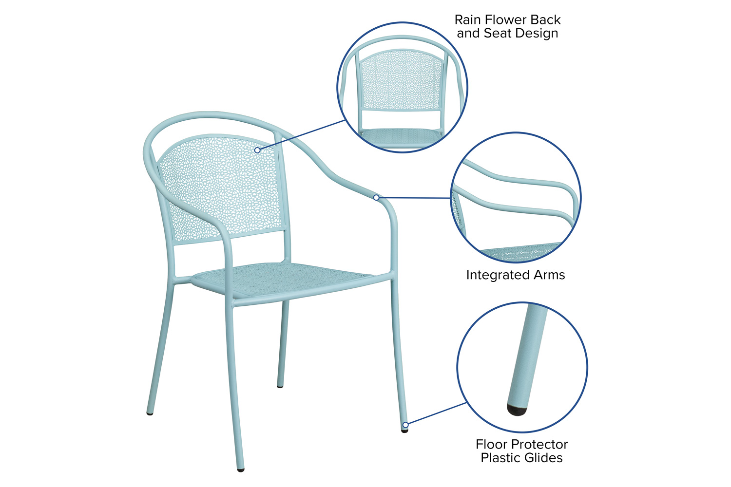 BLNK Oia Commercial Steel Indoor-Outdoor Patio Arm Chair with Round Back - Sky Blue