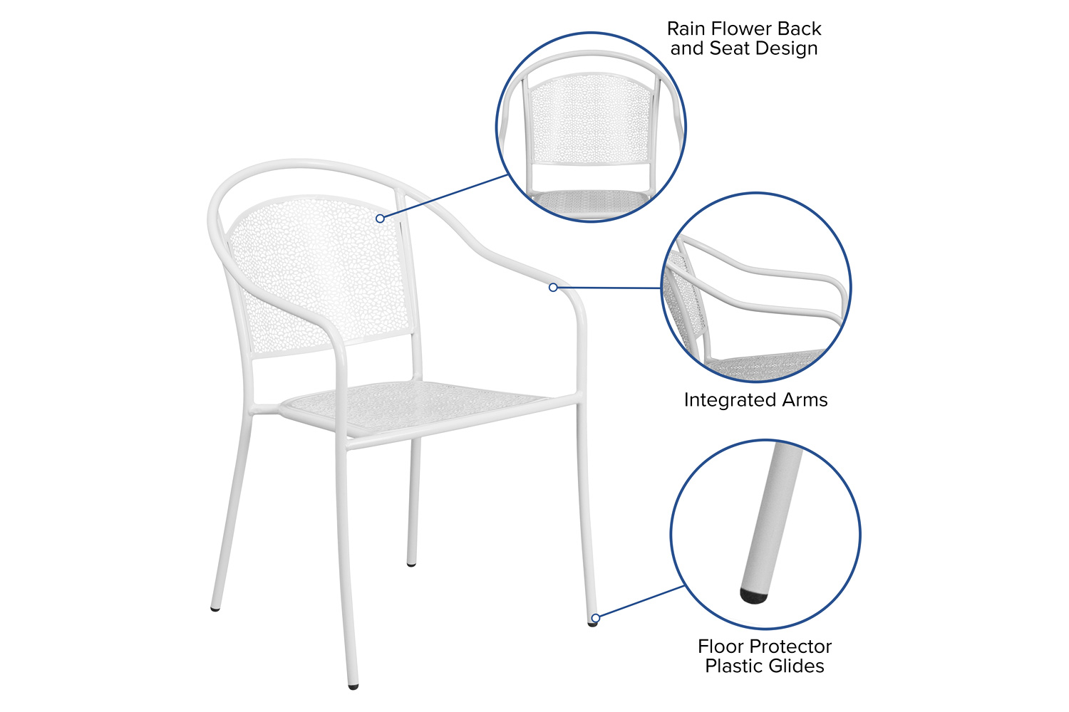 BLNK Oia Commercial Steel Indoor-Outdoor Patio Arm Chair with Round Back - White