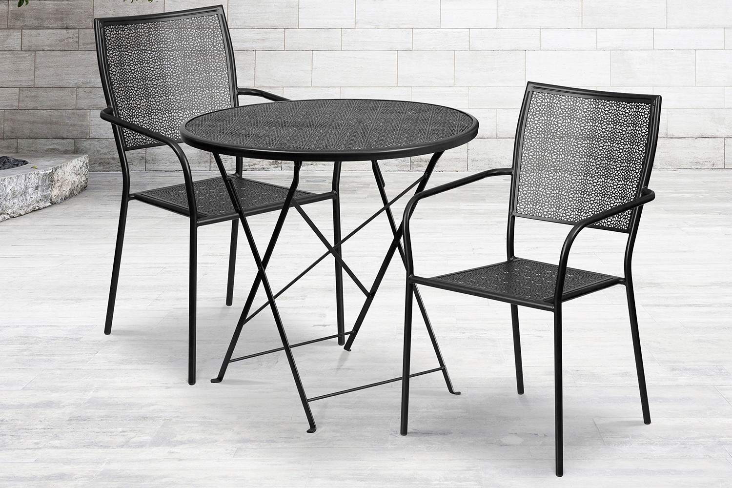 BLNK Oia Commercial Round Steel Indoor-Outdoor Folding Patio Table Set with 2 Square Back Chairs