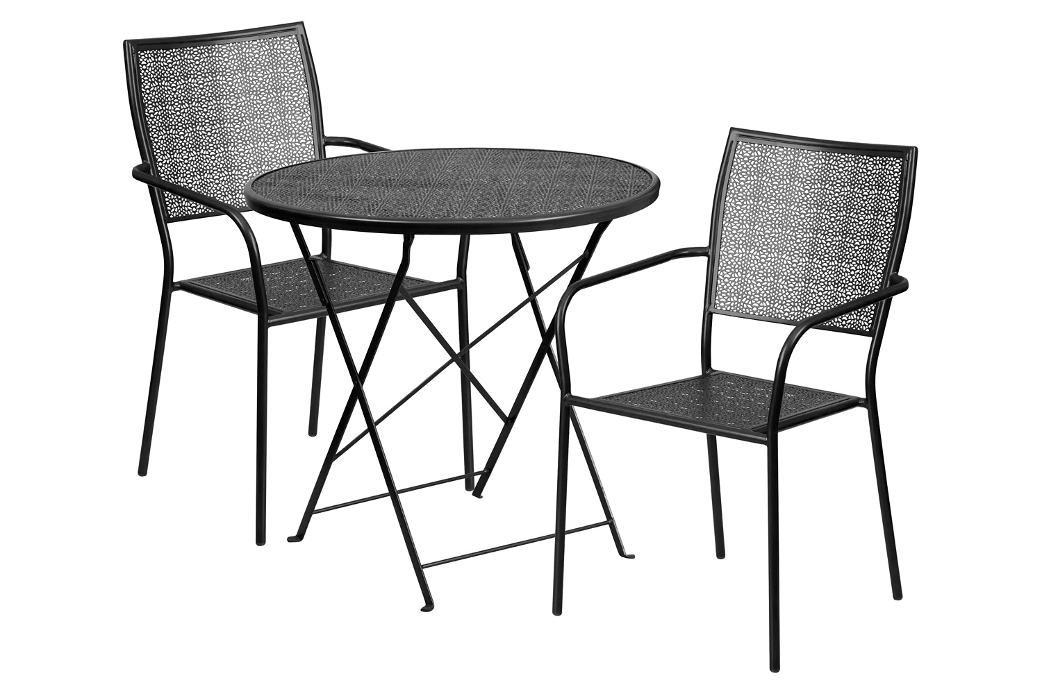 BLNK Oia Commercial Round Steel Indoor-Outdoor Folding Patio Table Set with 2 Square Back Chairs - Black, 30"D