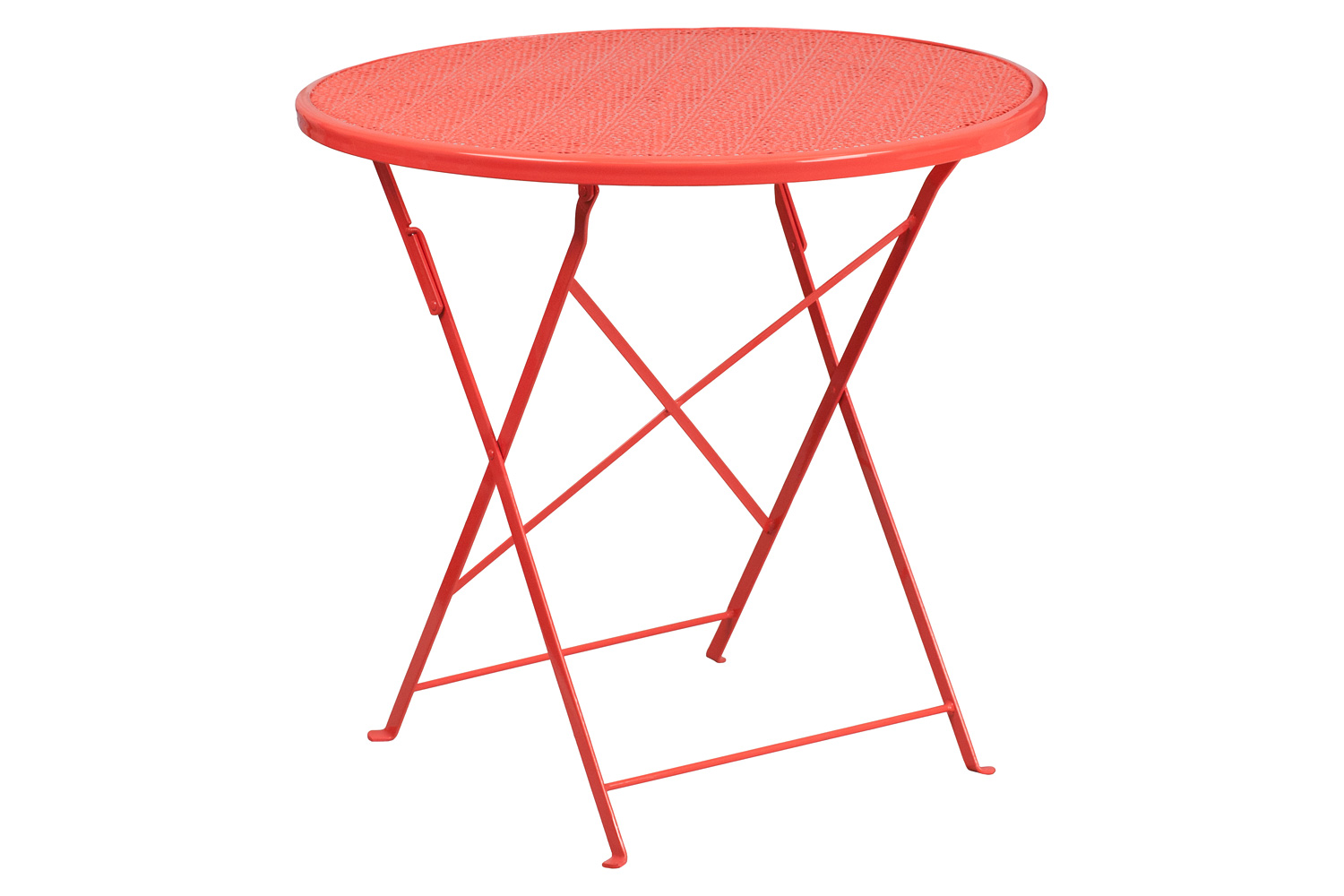 BLNK Oia Commercial Round Steel Indoor-Outdoor Folding Patio Table Set with 2 Square Back Chairs - Coral, 30"D