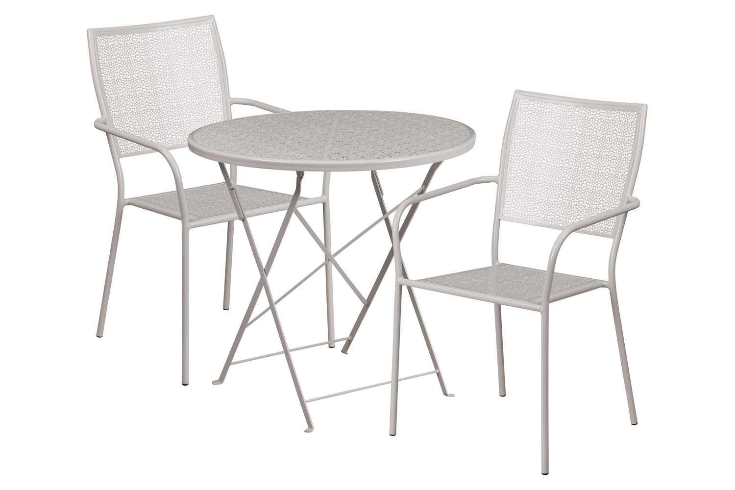 BLNK Oia Commercial Round Steel Indoor-Outdoor Folding Patio Table Set with 2 Square Back Chairs - Light Gray, 30"D