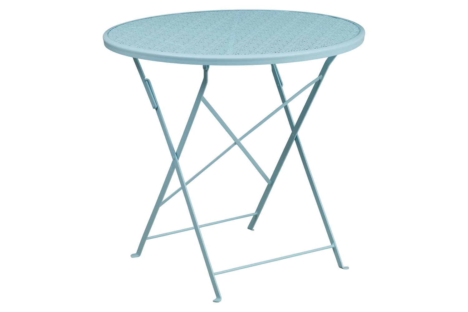 BLNK Oia Commercial Round Steel Indoor-Outdoor Folding Patio Table Set with 2 Square Back Chairs - Sky Blue, 30"D