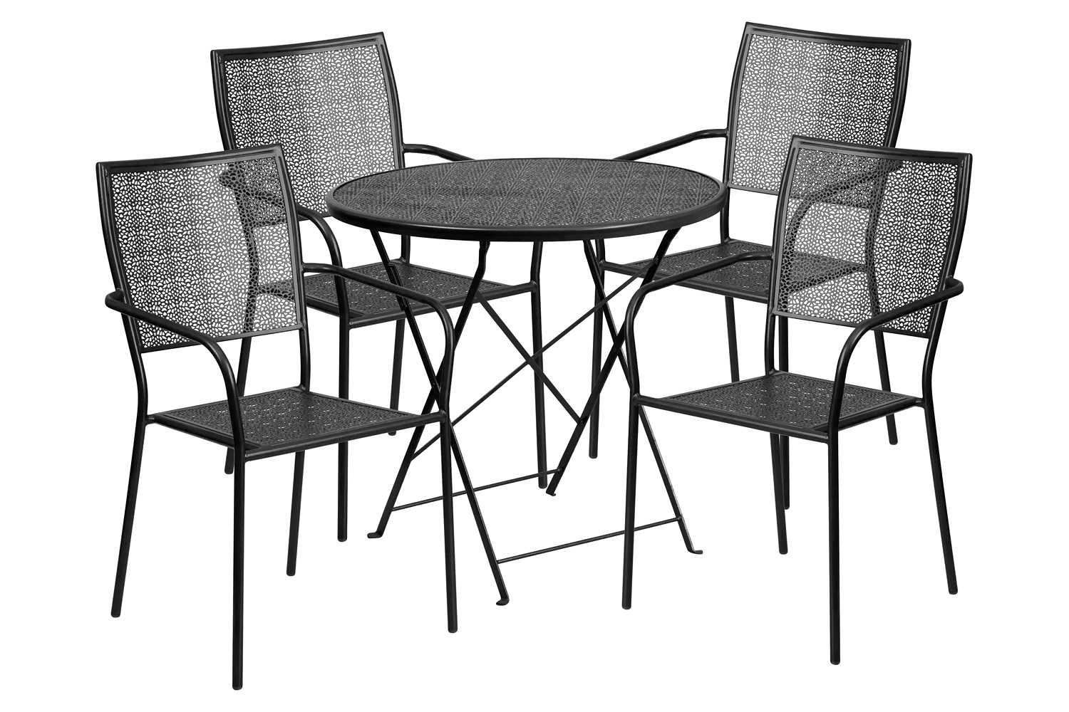 BLNK Oia Commercial Round Steel Indoor-Outdoor Folding Patio Table Set with 4 Square Back Chairs