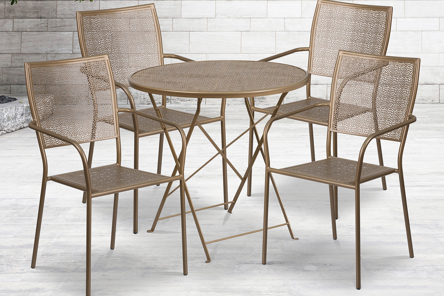 BLNK Oia Commercial Round Steel Indoor-Outdoor Folding Patio Table Set with 4 Square Back Chairs