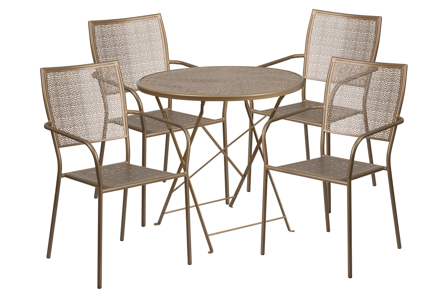 BLNK Oia Commercial Round Steel Indoor-Outdoor Folding Patio Table Set with 4 Square Back Chairs - Gold, 30"D