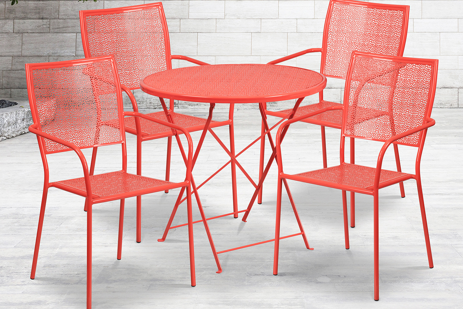 BLNK Oia Commercial Round Steel Indoor-Outdoor Folding Patio Table Set with 4 Square Back Chairs