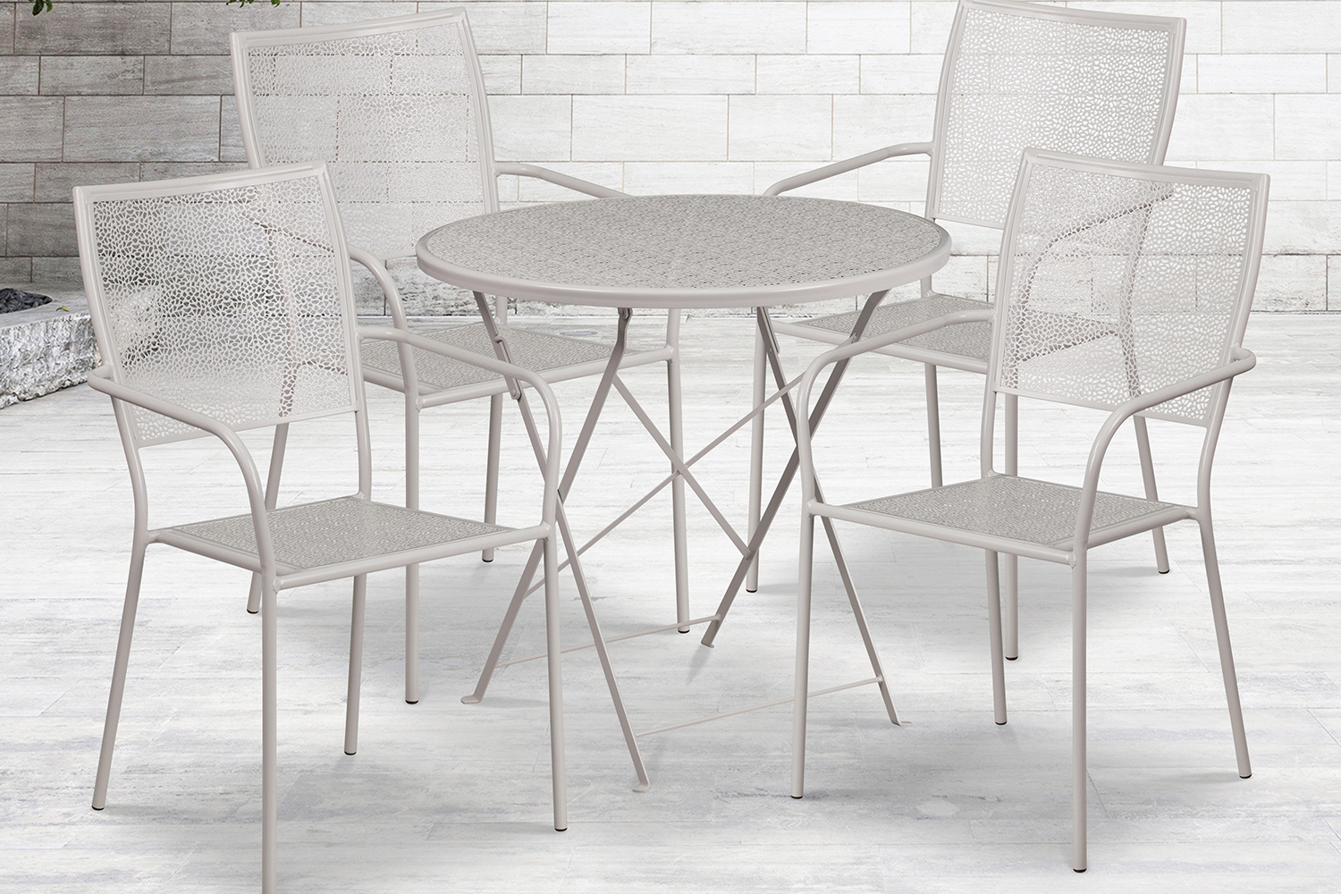 BLNK Oia Commercial Round Steel Indoor-Outdoor Folding Patio Table Set with 4 Square Back Chairs