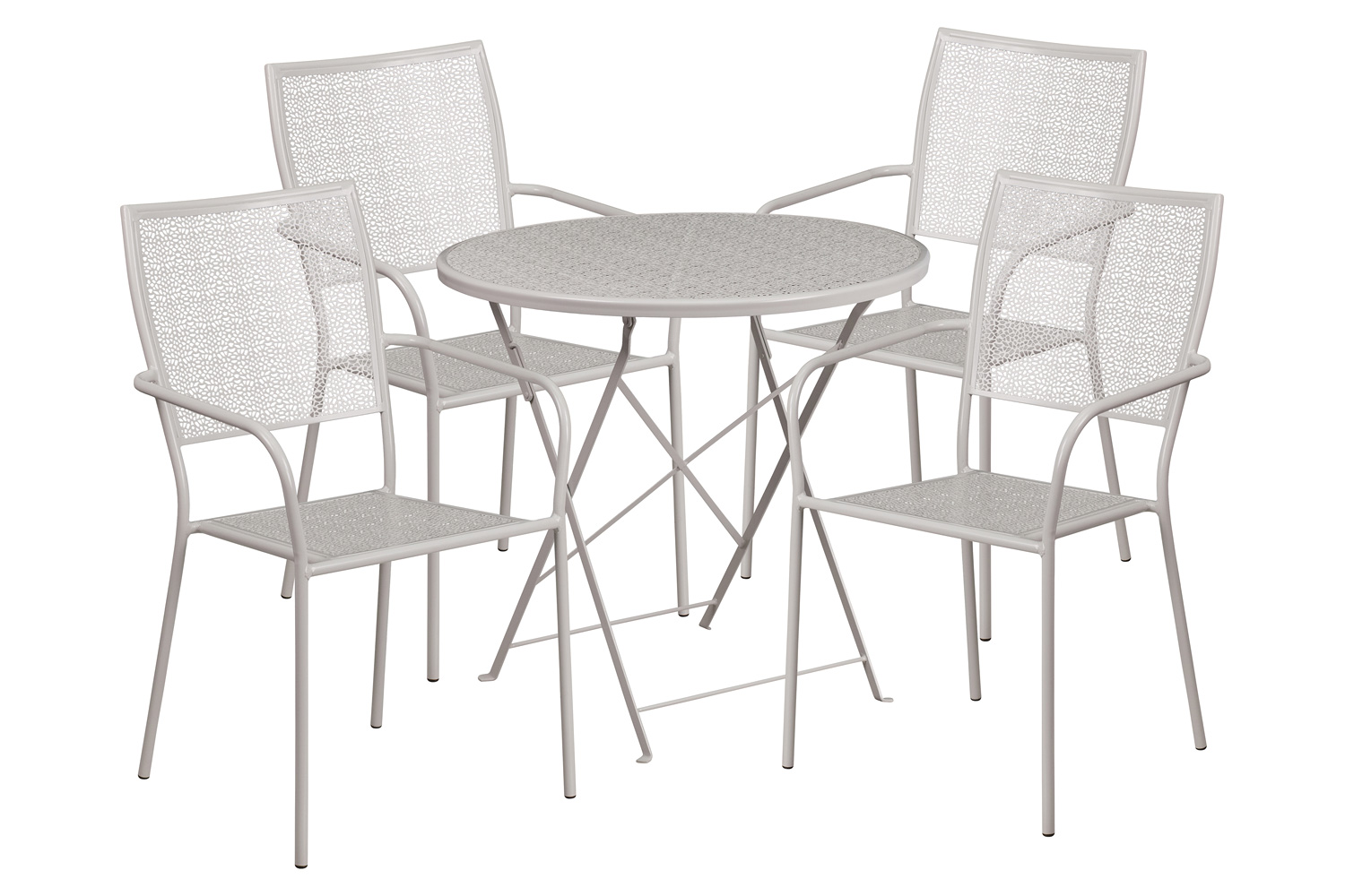 BLNK Oia Commercial Round Steel Indoor-Outdoor Folding Patio Table Set with 4 Square Back Chairs - Light Gray, 30"D