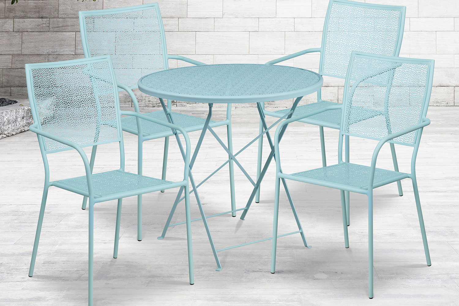 BLNK Oia Commercial Round Steel Indoor-Outdoor Folding Patio Table Set with 4 Square Back Chairs