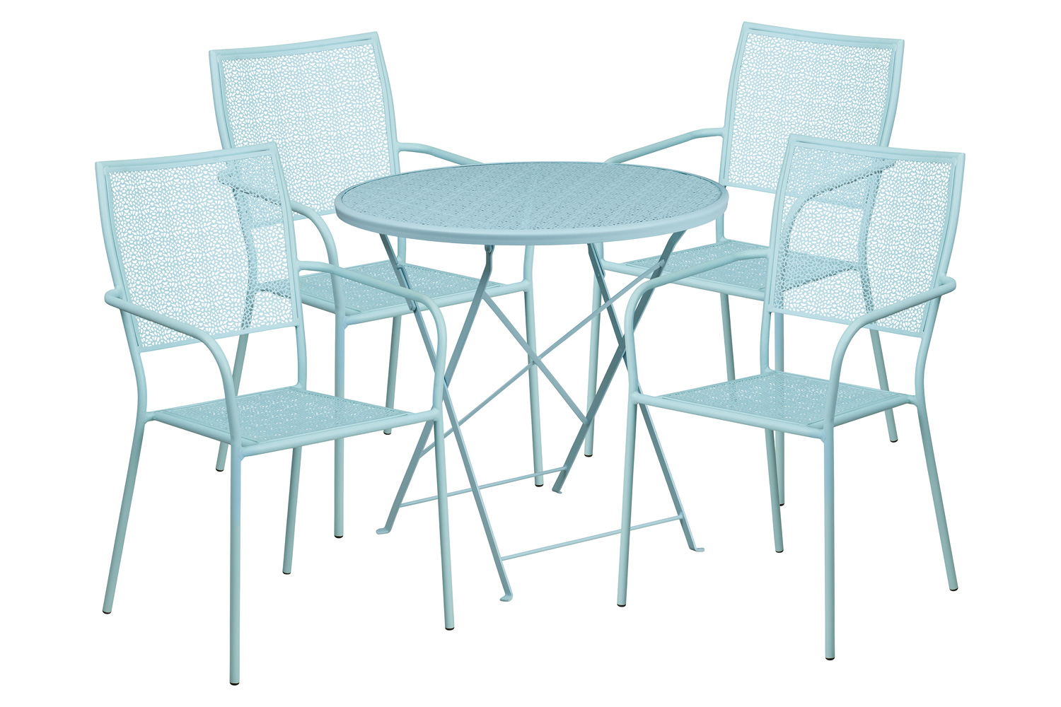 BLNK Oia Commercial Round Steel Indoor-Outdoor Folding Patio Table Set with 4 Square Back Chairs - Sky Blue, 30"D