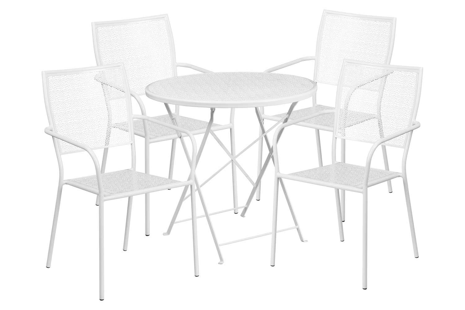 BLNK Oia Commercial Round Steel Indoor-Outdoor Folding Patio Table Set with 4 Square Back Chairs - White, 30"D