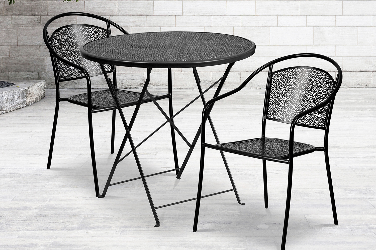 BLNK Oia Commercial Round Steel Indoor-Outdoor Folding Patio Table Set with 2 Round Back Chairs