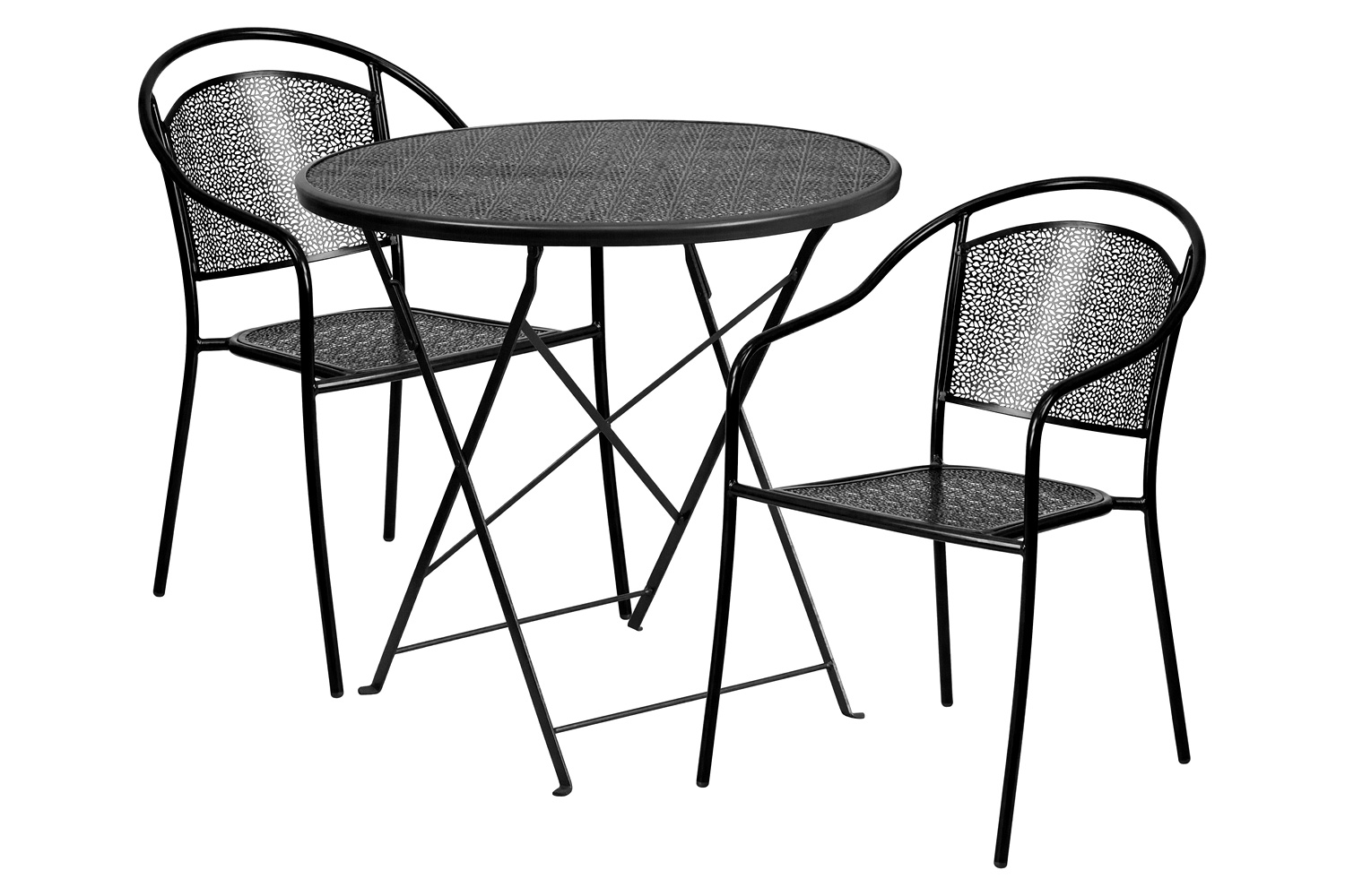 BLNK Oia Commercial Round Steel Indoor-Outdoor Folding Patio Table Set with 2 Round Back Chairs - Black, 30"D