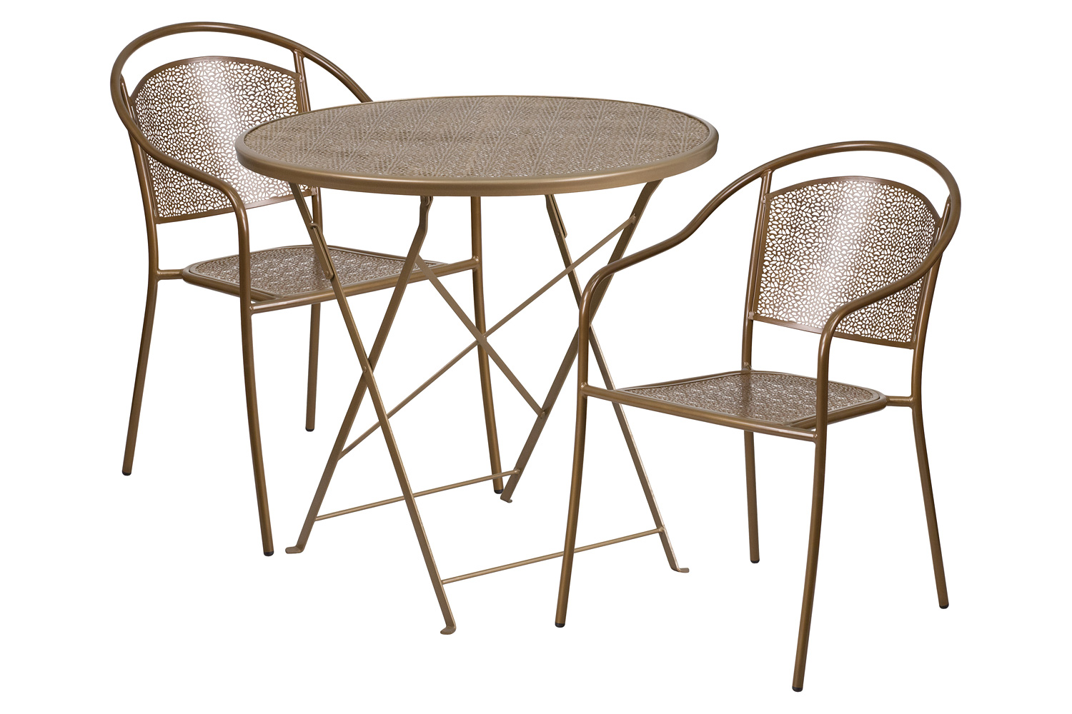 BLNK Oia Commercial Round Steel Indoor-Outdoor Folding Patio Table Set with 2 Round Back Chairs