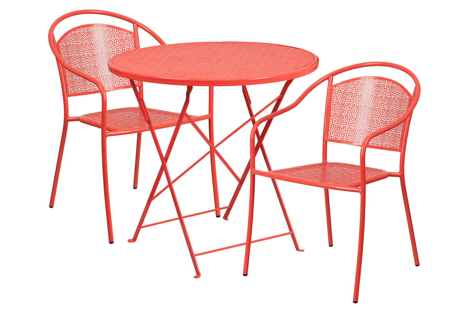 BLNK Oia Commercial Round Steel Indoor-Outdoor Folding Patio Table Set with 2 Round Back Chairs - Coral, 30"D