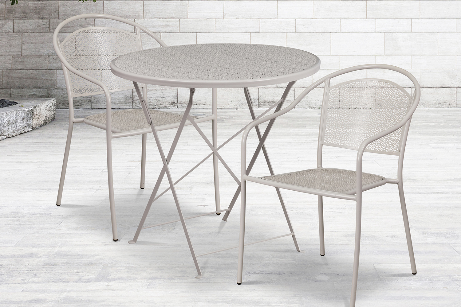 BLNK Oia Commercial Round Steel Indoor-Outdoor Folding Patio Table Set with 2 Round Back Chairs