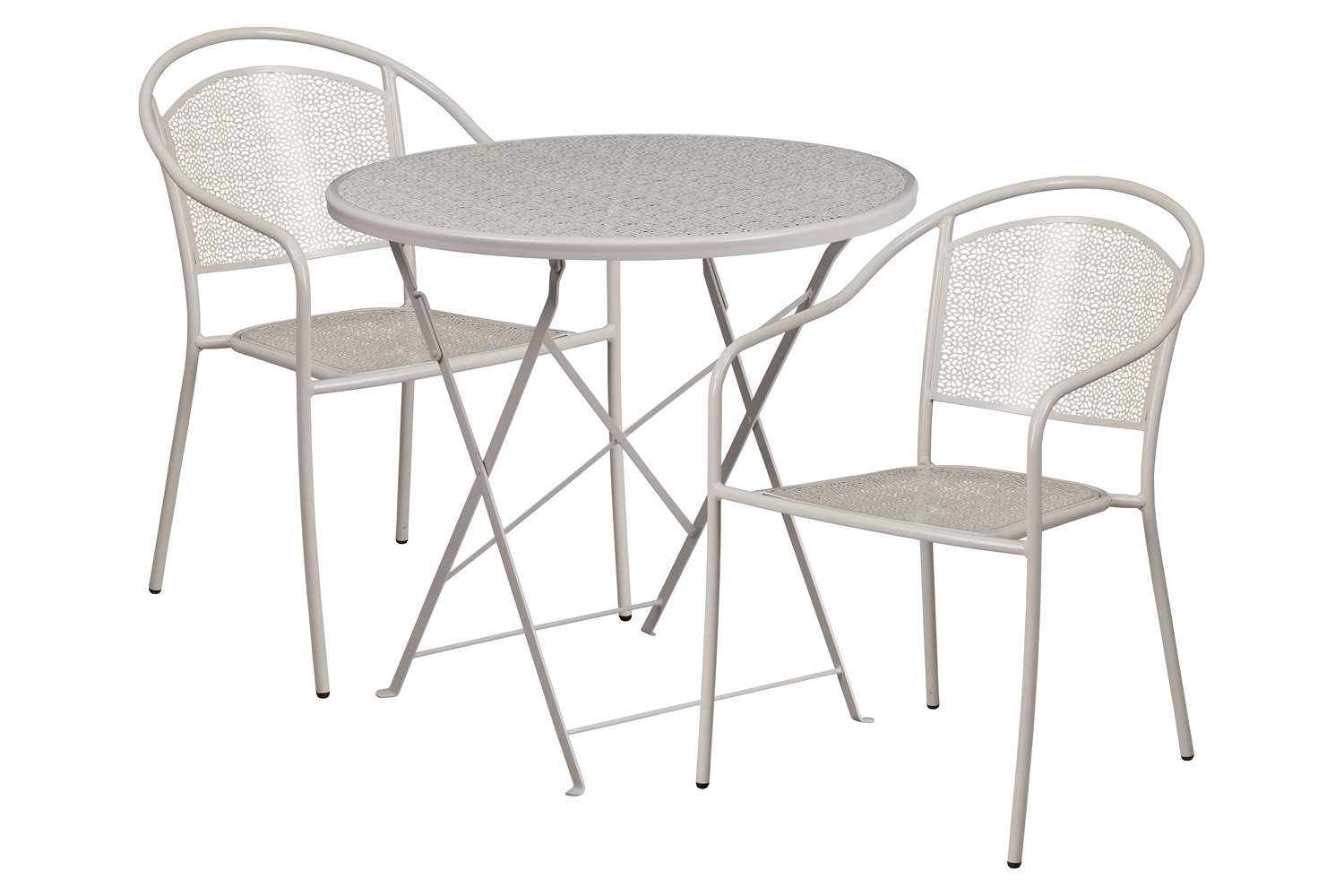 BLNK Oia Commercial Round Steel Indoor-Outdoor Folding Patio Table Set with 2 Round Back Chairs - Light Gray, 30"D