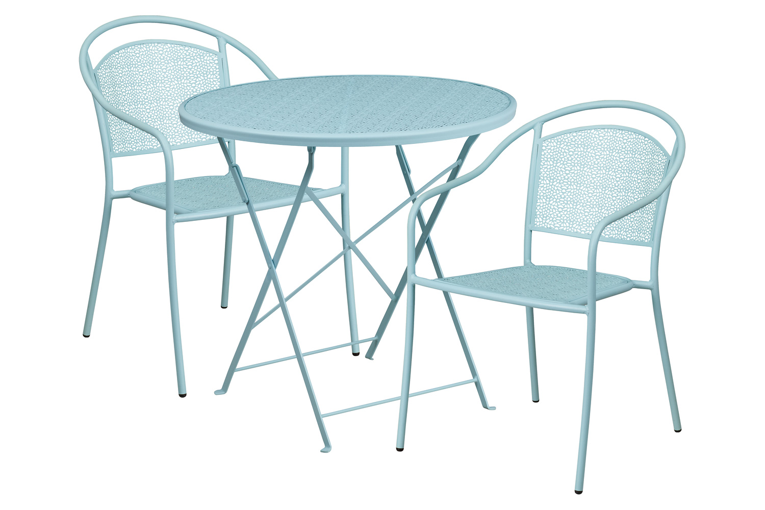 BLNK Oia Commercial Round Steel Indoor-Outdoor Folding Patio Table Set with 2 Round Back Chairs - Sky Blue, 30"D