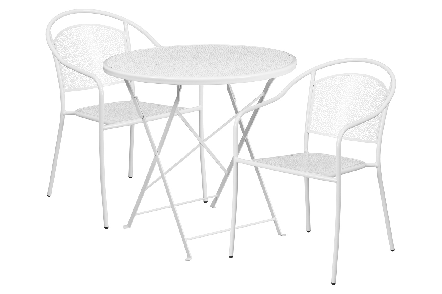 BLNK Oia Commercial Round Steel Indoor-Outdoor Folding Patio Table Set with 2 Round Back Chairs - White, 30"D