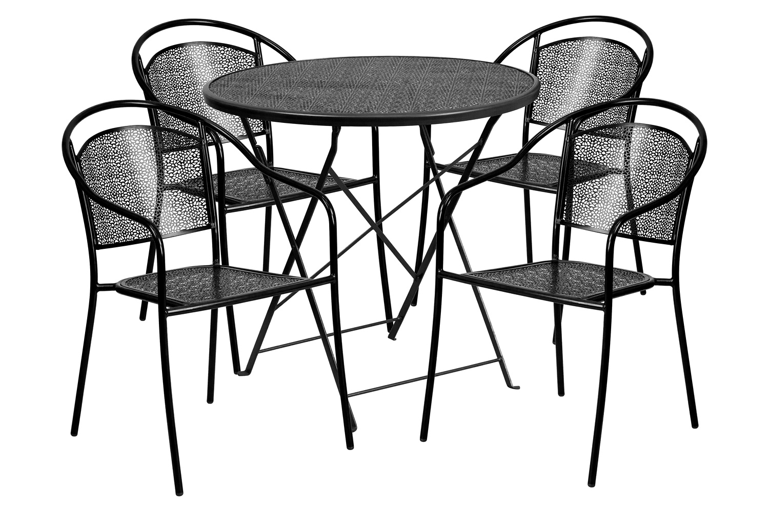 BLNK Oia Commercial Round Steel Indoor-Outdoor Folding Patio Table Set with 4 Round Back Chairs