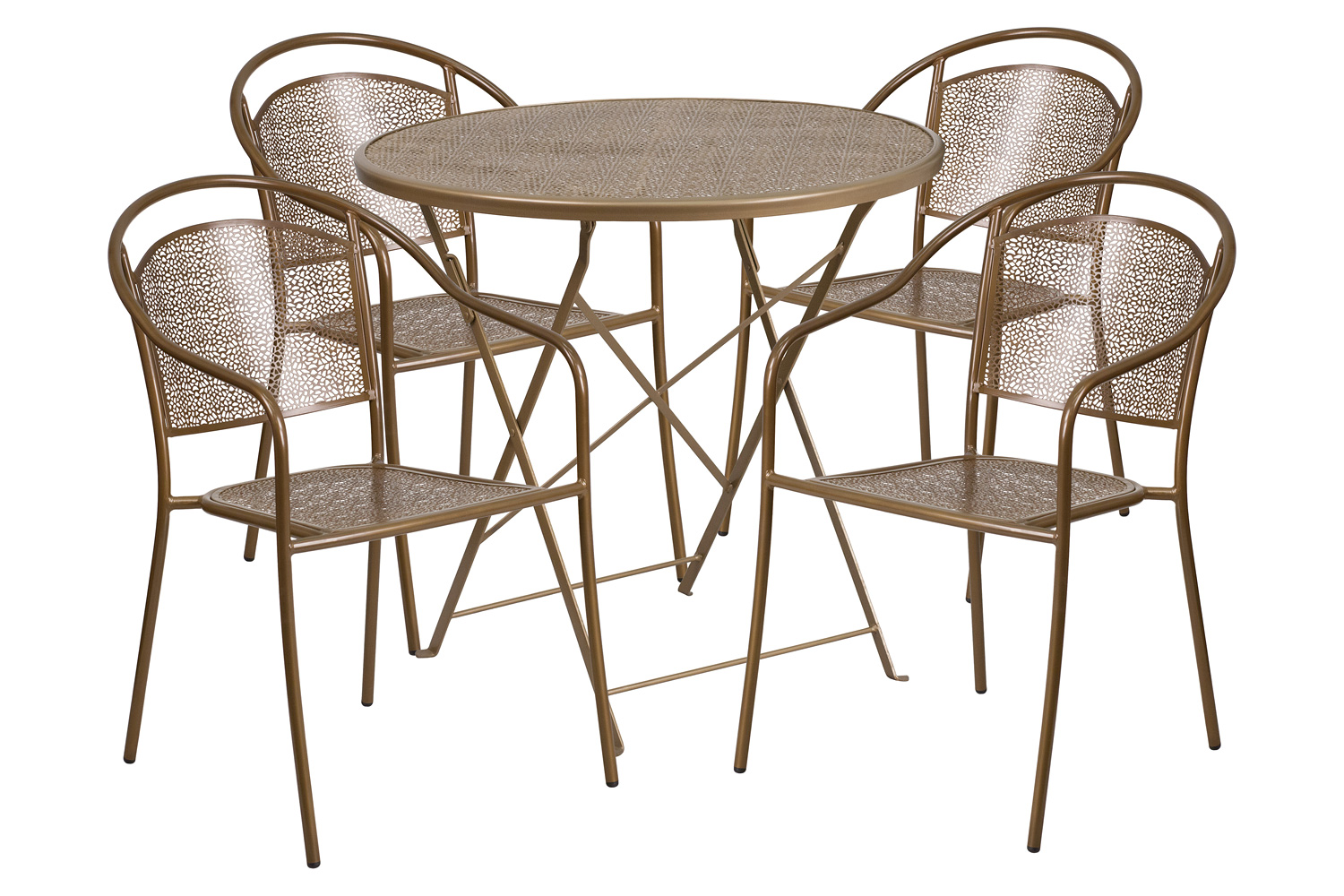 BLNK Oia Commercial Round Steel Indoor-Outdoor Folding Patio Table Set with 4 Round Back Chairs - Gold, 30"D