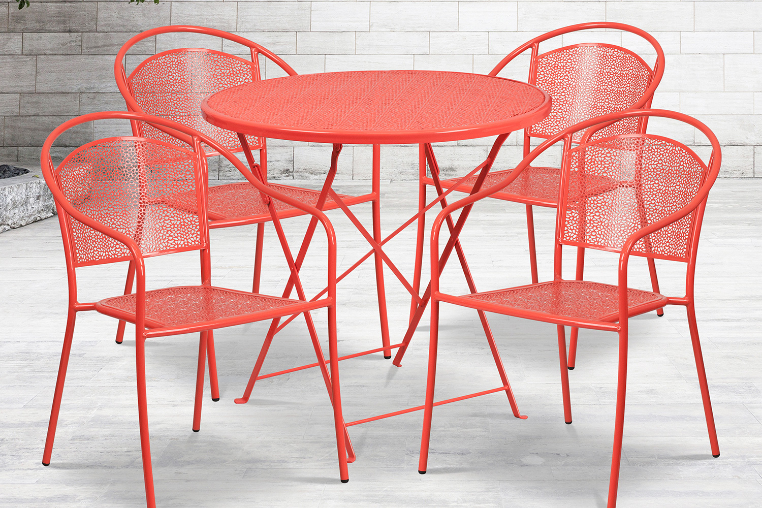 BLNK Oia Commercial Round Steel Indoor-Outdoor Folding Patio Table Set with 4 Round Back Chairs