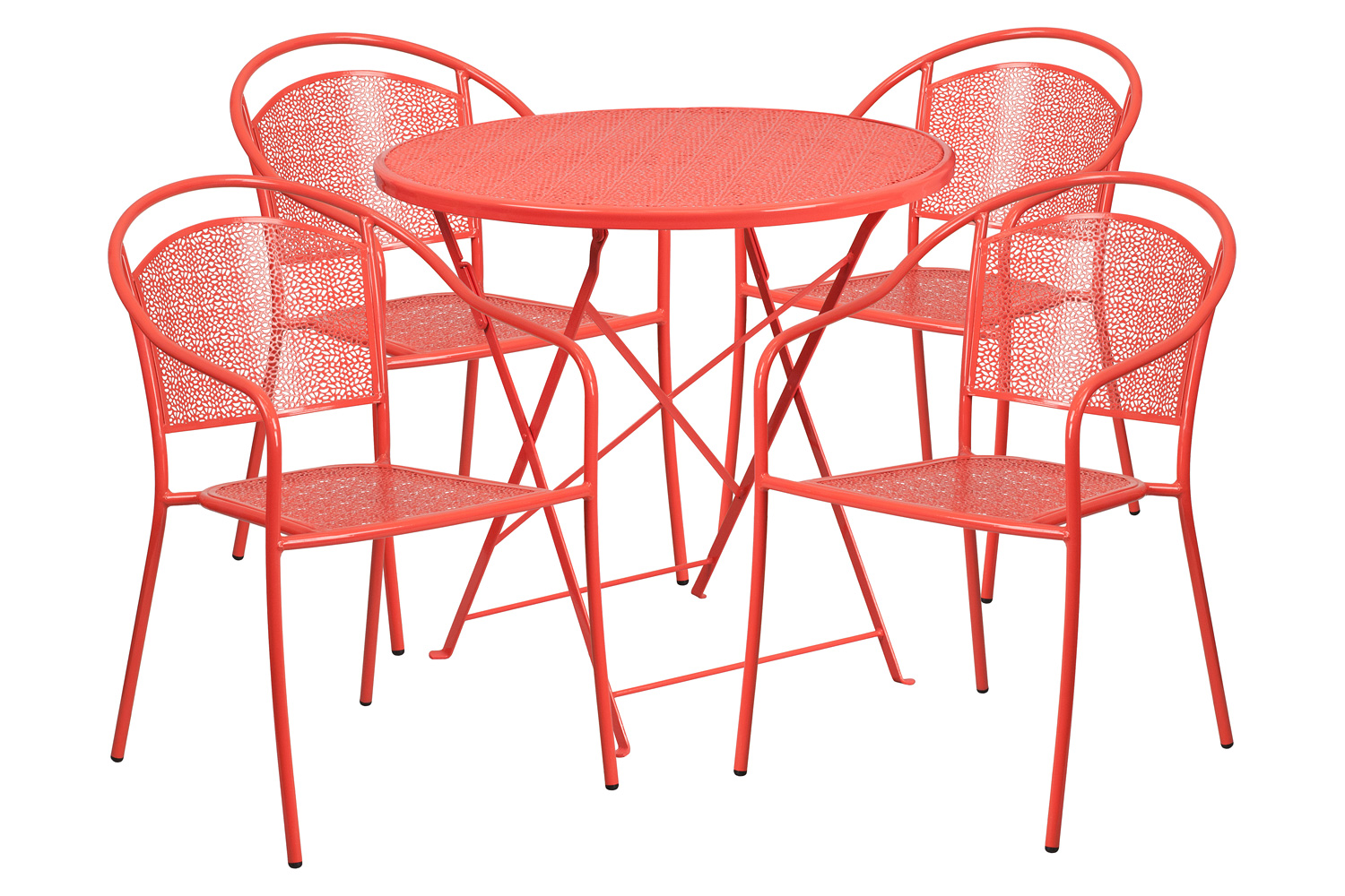 BLNK Oia Commercial Round Steel Indoor-Outdoor Folding Patio Table Set with 4 Round Back Chairs - Coral, 30"D