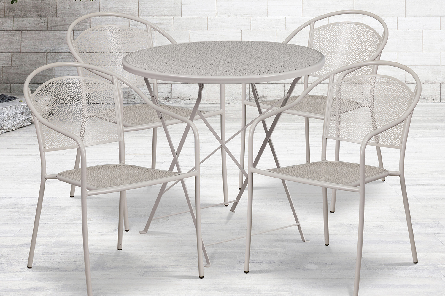 BLNK Oia Commercial Round Steel Indoor-Outdoor Folding Patio Table Set with 4 Round Back Chairs