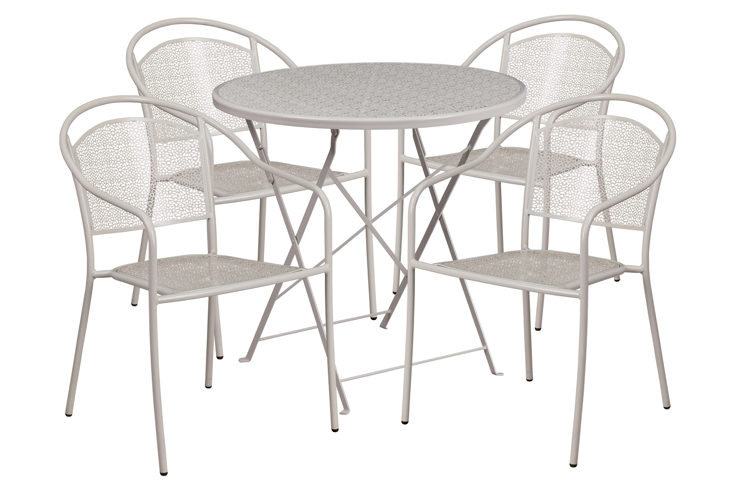 BLNK Oia Commercial Round Steel Indoor-Outdoor Folding Patio Table Set with 4 Round Back Chairs - Light Gray, 30"D