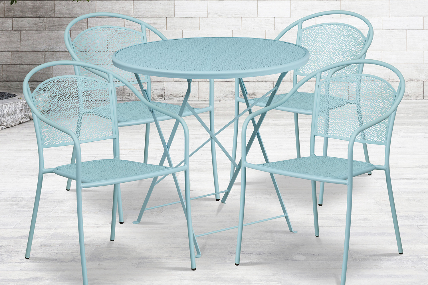 BLNK Oia Commercial Round Steel Indoor-Outdoor Folding Patio Table Set with 4 Round Back Chairs