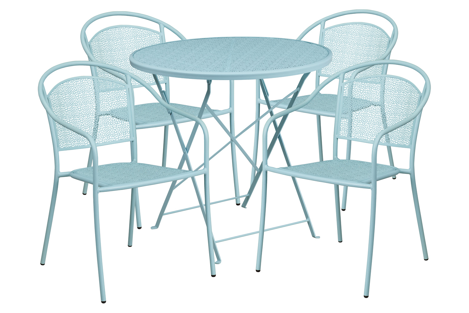 BLNK Oia Commercial Round Steel Indoor-Outdoor Folding Patio Table Set with 4 Round Back Chairs - Sky Blue, 30"D