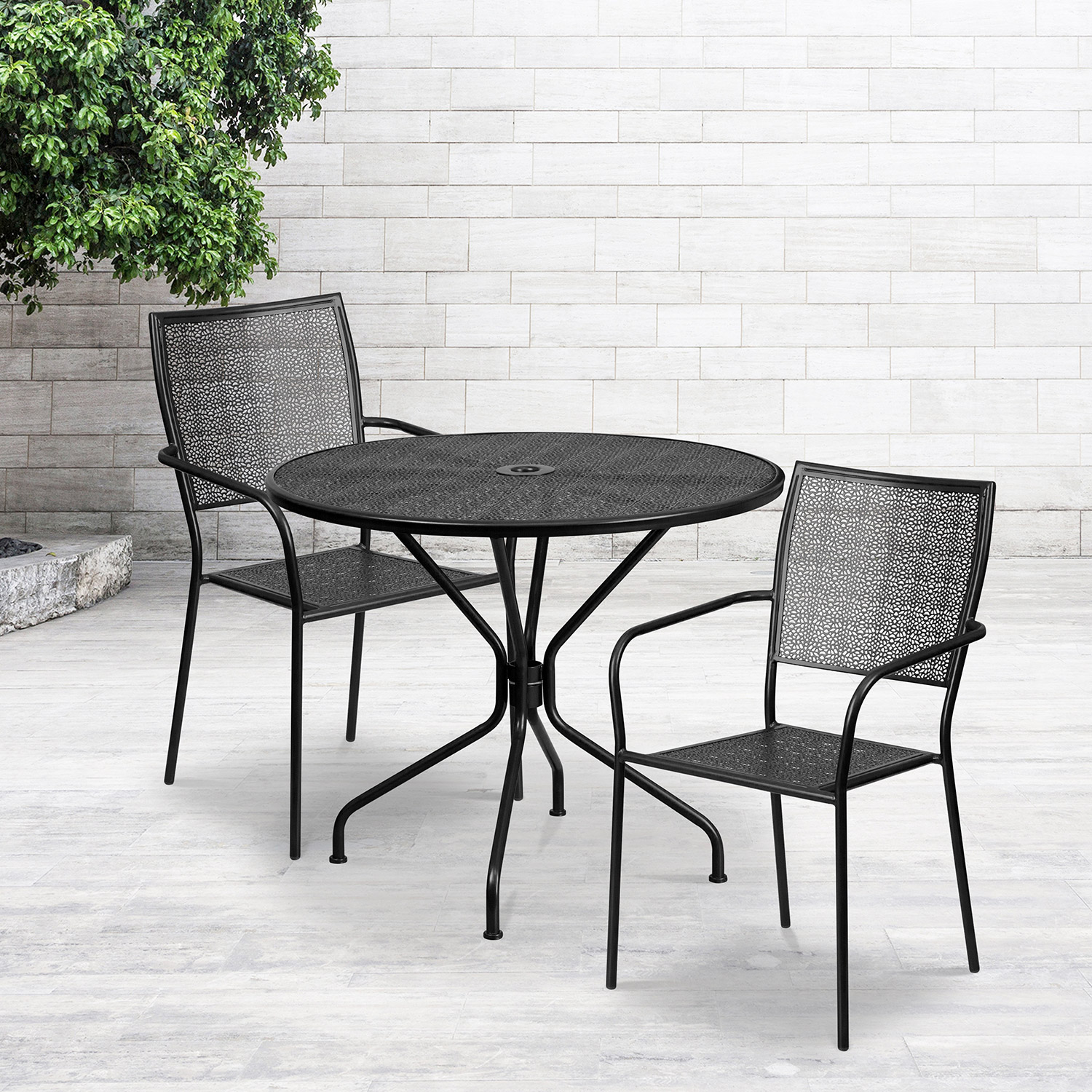 BLNK Oia Commercial Round Steel Indoor-Outdoor Patio Table Set with 2 Square Back Chairs