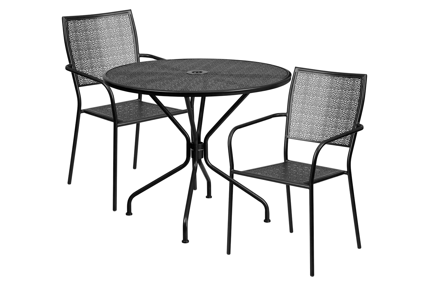 BLNK Oia Commercial Round Steel Indoor-Outdoor Patio Table Set with 2 Square Back Chairs - Black