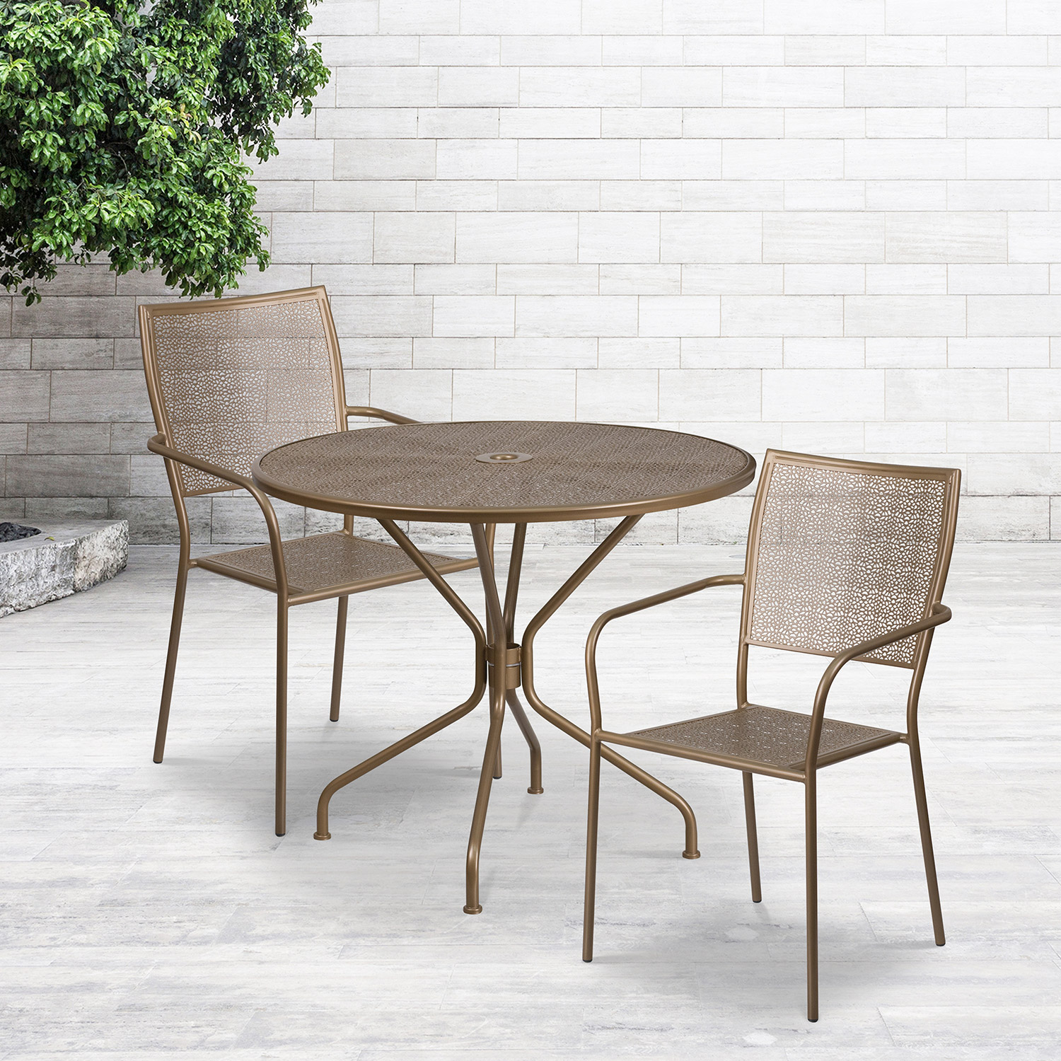 BLNK Oia Commercial Round Steel Indoor-Outdoor Patio Table Set with 2 Square Back Chairs