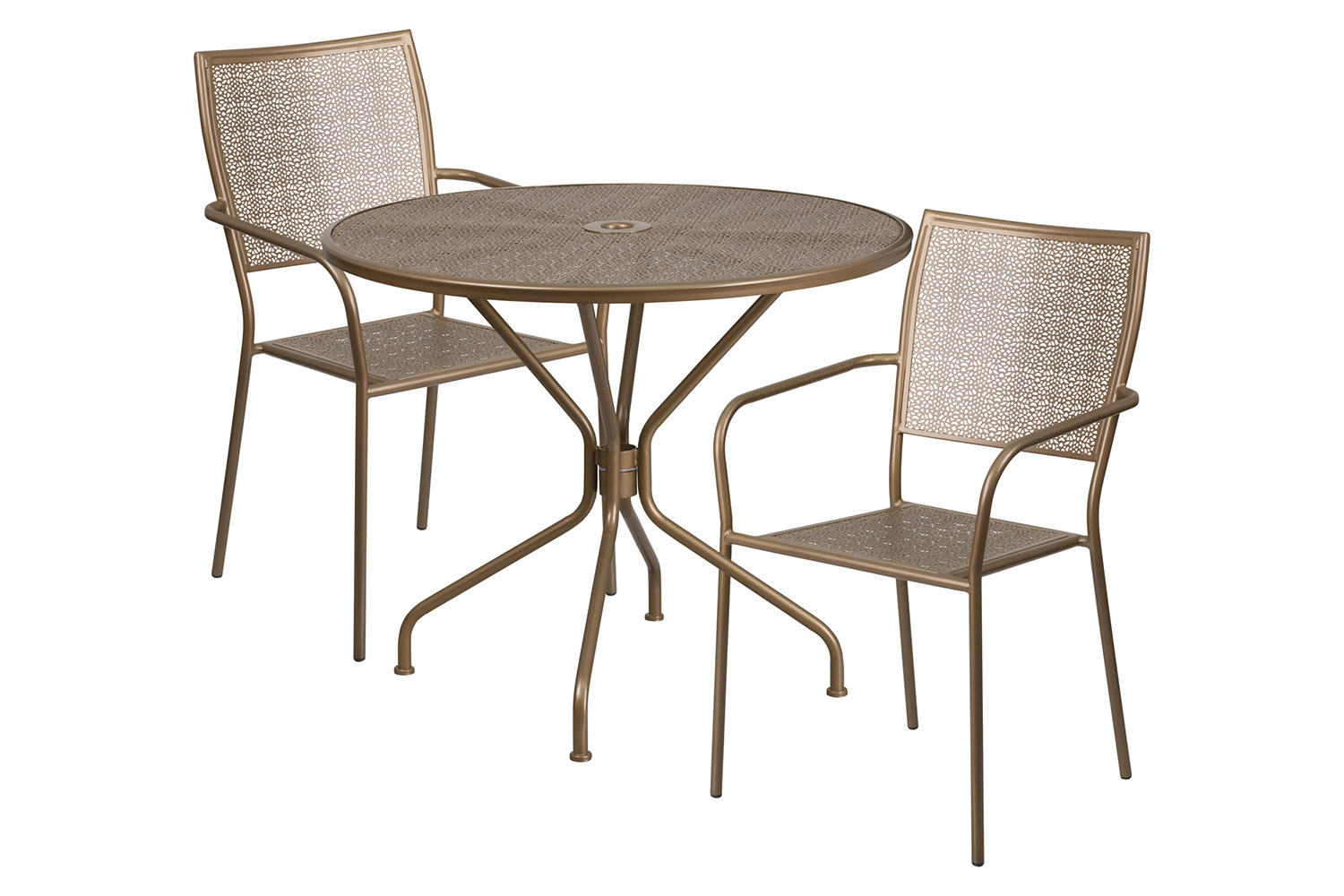 BLNK Oia Commercial Round Steel Indoor-Outdoor Patio Table Set with 2 Square Back Chairs - Gold