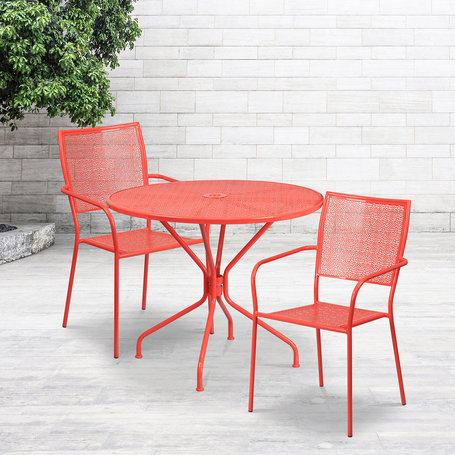 BLNK Oia Commercial Round Steel Indoor-Outdoor Patio Table Set with 2 Square Back Chairs