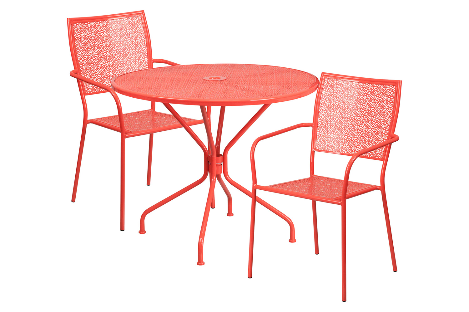 BLNK Oia Commercial Round Steel Indoor-Outdoor Patio Table Set with 2 Square Back Chairs - Coral