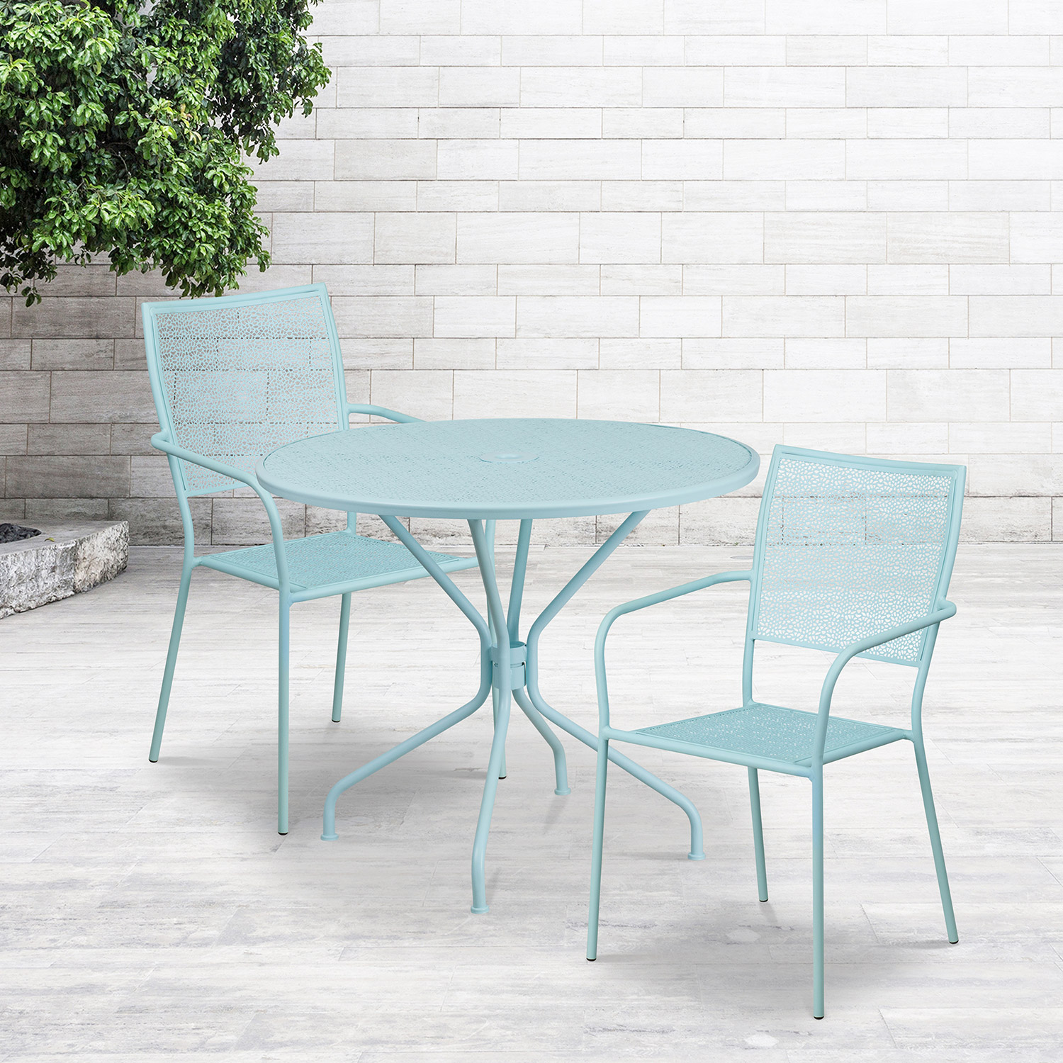 BLNK Oia Commercial Round Steel Indoor-Outdoor Patio Table Set with 2 Square Back Chairs