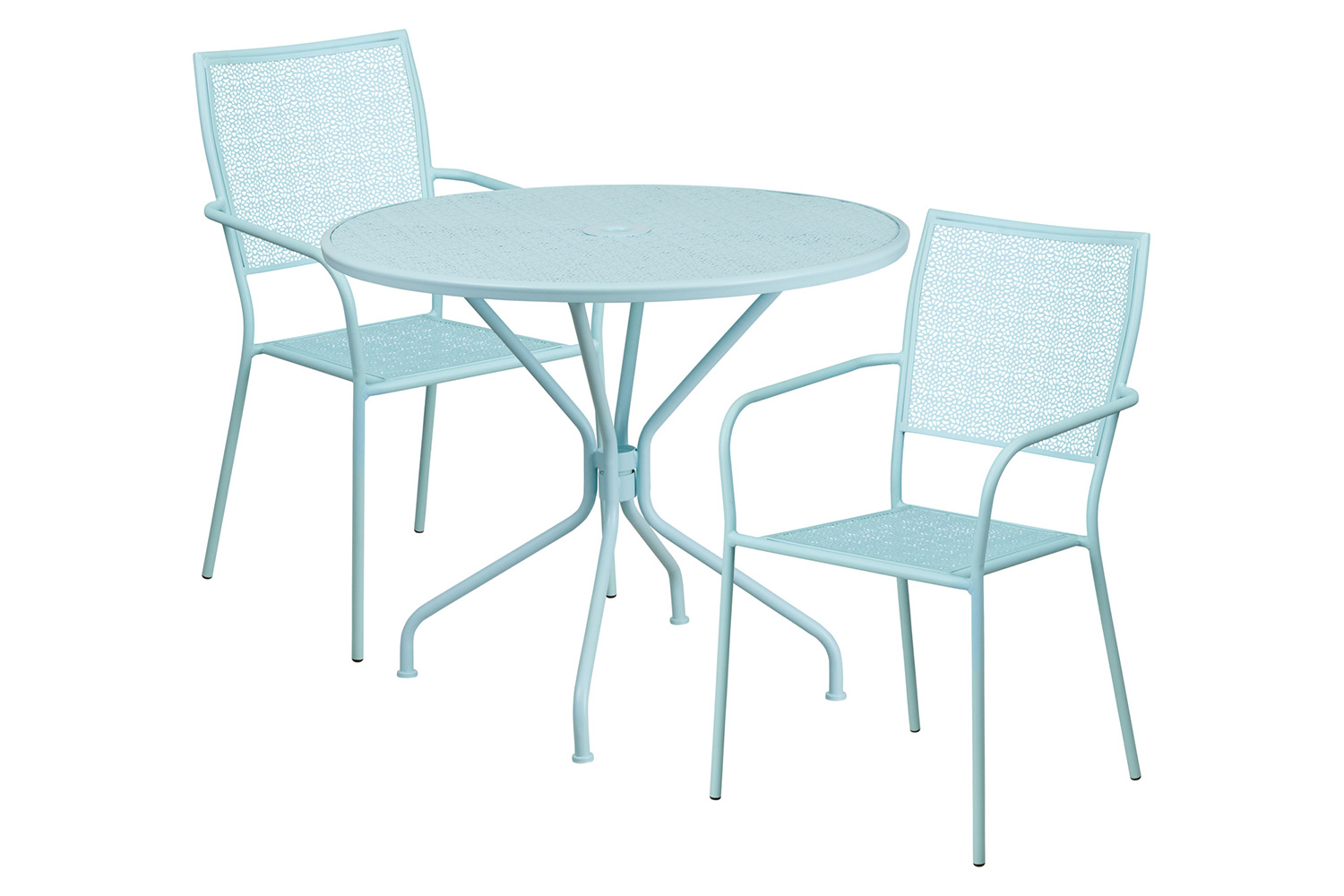 BLNK Oia Commercial Round Steel Indoor-Outdoor Patio Table Set with 2 Square Back Chairs - Sky Blue