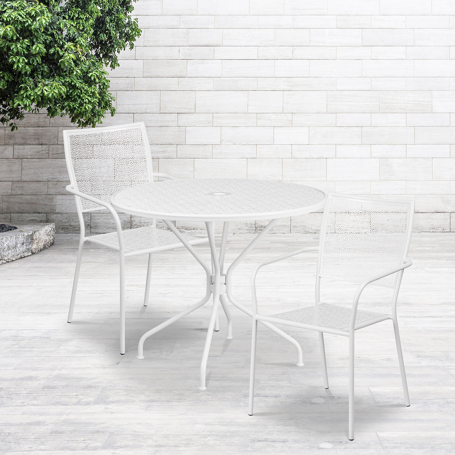 BLNK Oia Commercial Round Steel Indoor-Outdoor Patio Table Set with 2 Square Back Chairs