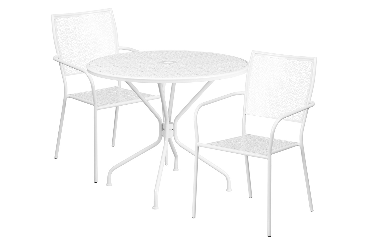 BLNK Oia Commercial Round Steel Indoor-Outdoor Patio Table Set with 2 Square Back Chairs - White