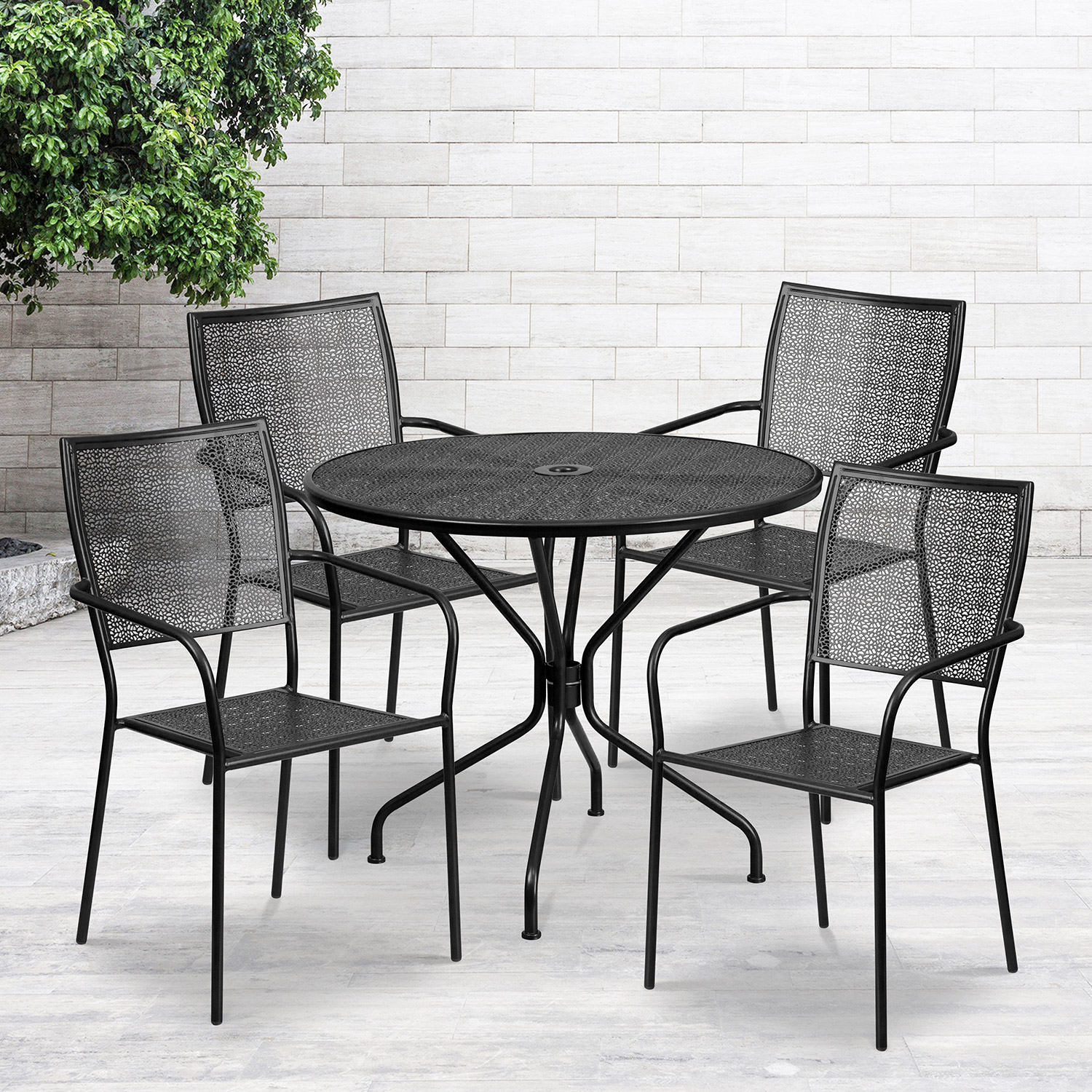 BLNK Oia Commercial Round Steel Indoor-Outdoor Patio Table Set with 4 Square Back Chairs