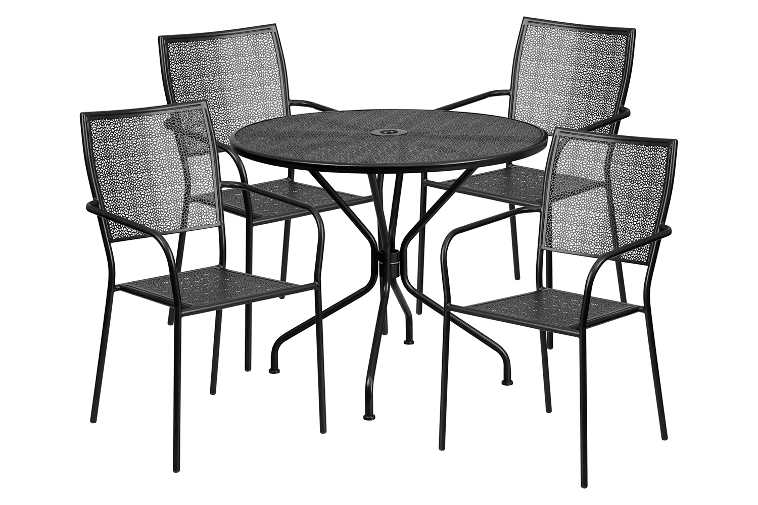 BLNK Oia Commercial Round Steel Indoor-Outdoor Patio Table Set with 4 Square Back Chairs - Black