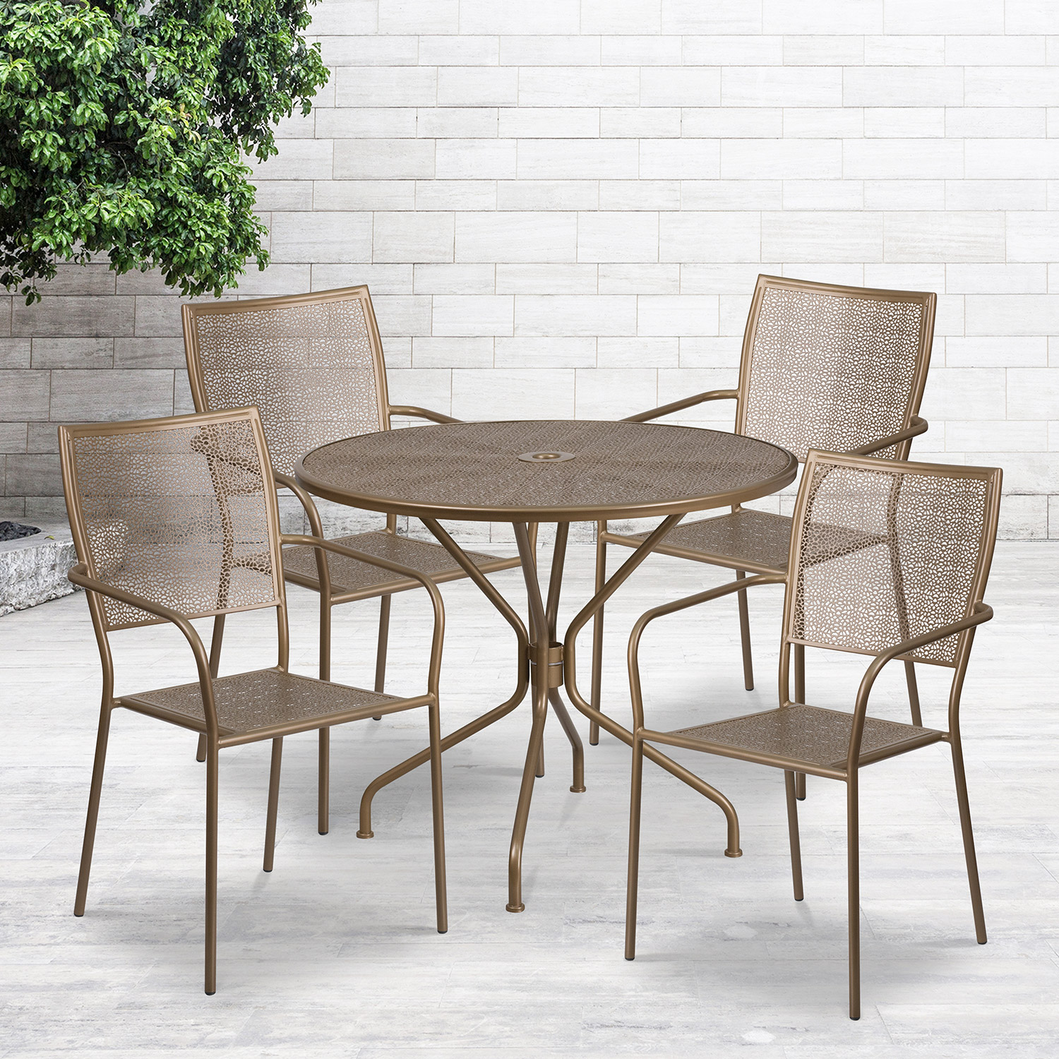 BLNK Oia Commercial Round Steel Indoor-Outdoor Patio Table Set with 4 Square Back Chairs