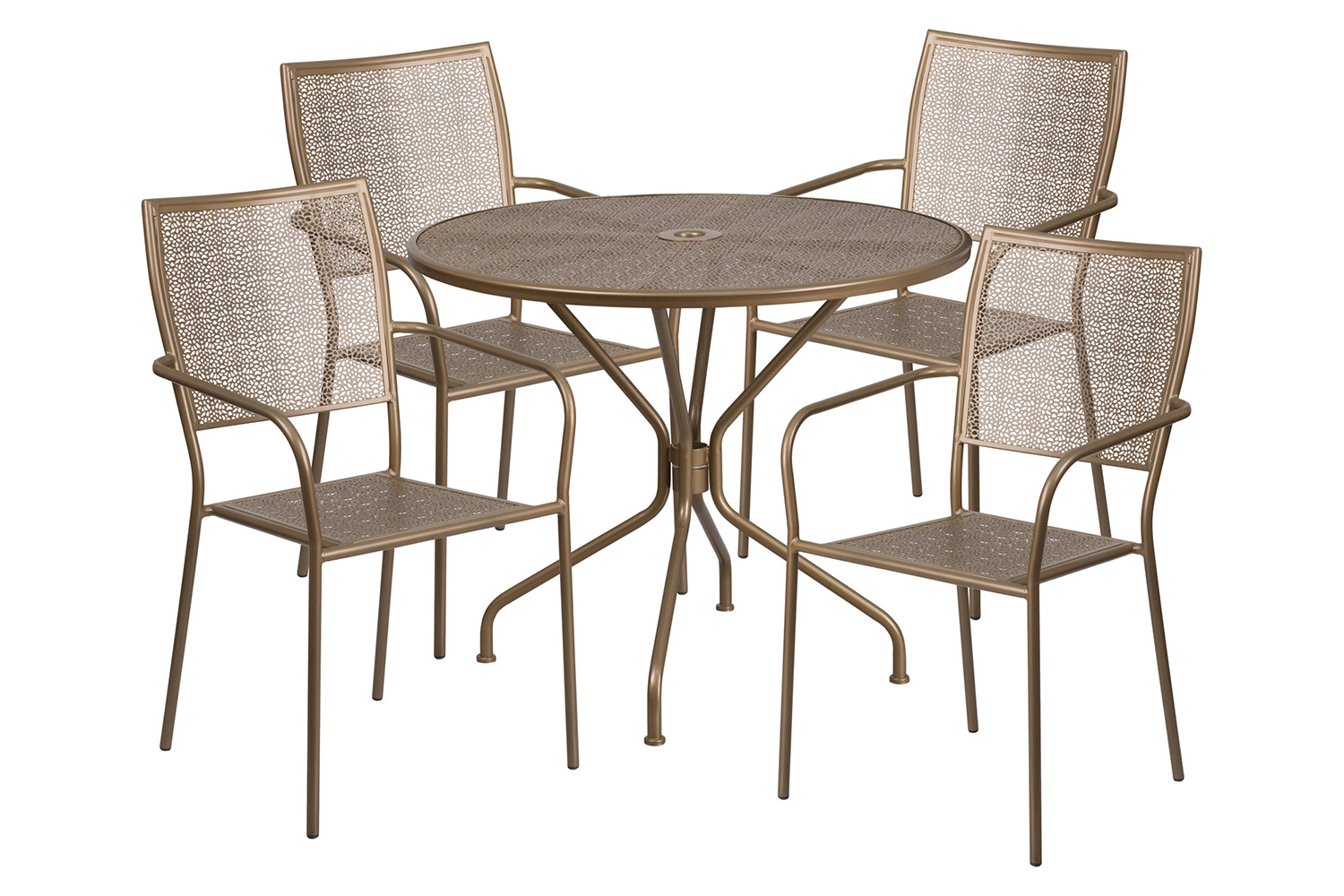 BLNK Oia Commercial Round Steel Indoor-Outdoor Patio Table Set with 4 Square Back Chairs - Gold